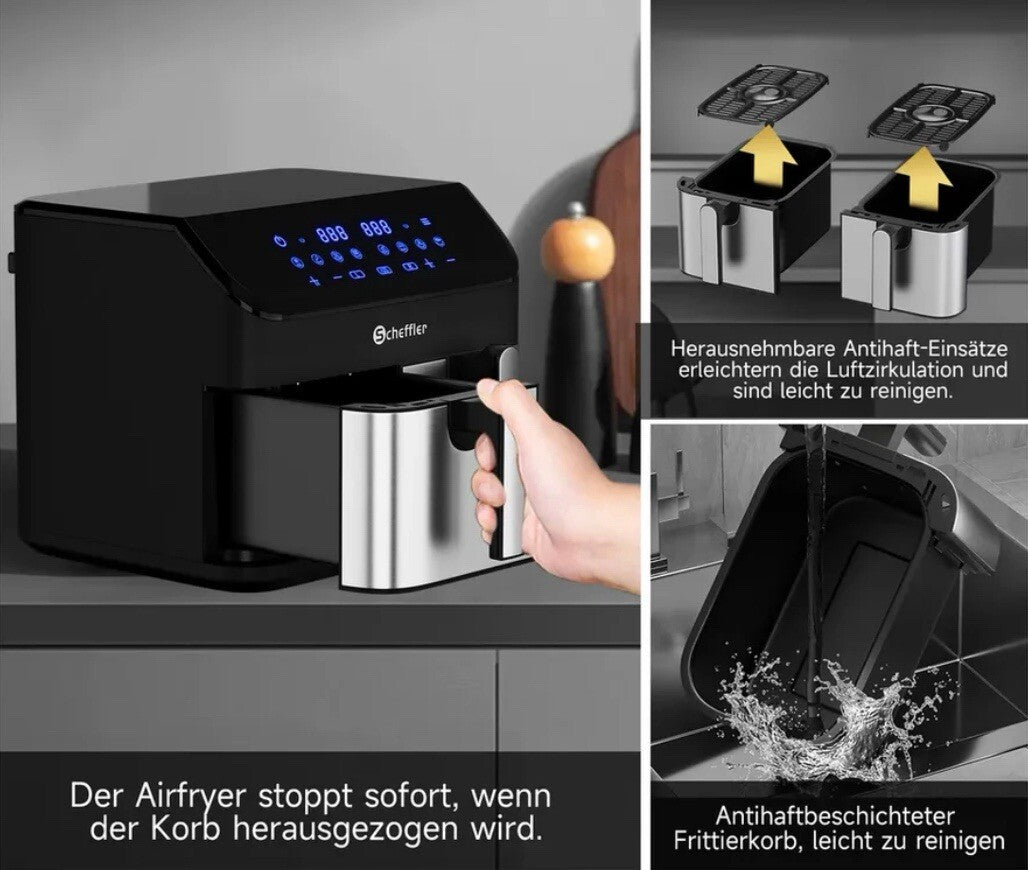 Scheffler Heißluftfritteuse 2 kammern 9L Airfryer 8 Programme5