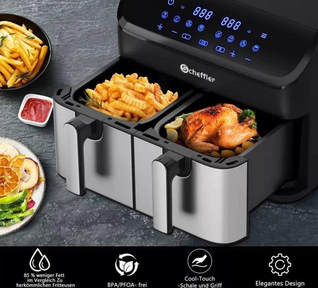 Scheffler Heißluftfritteuse 2 kammern 9L Airfryer 8 Programme4