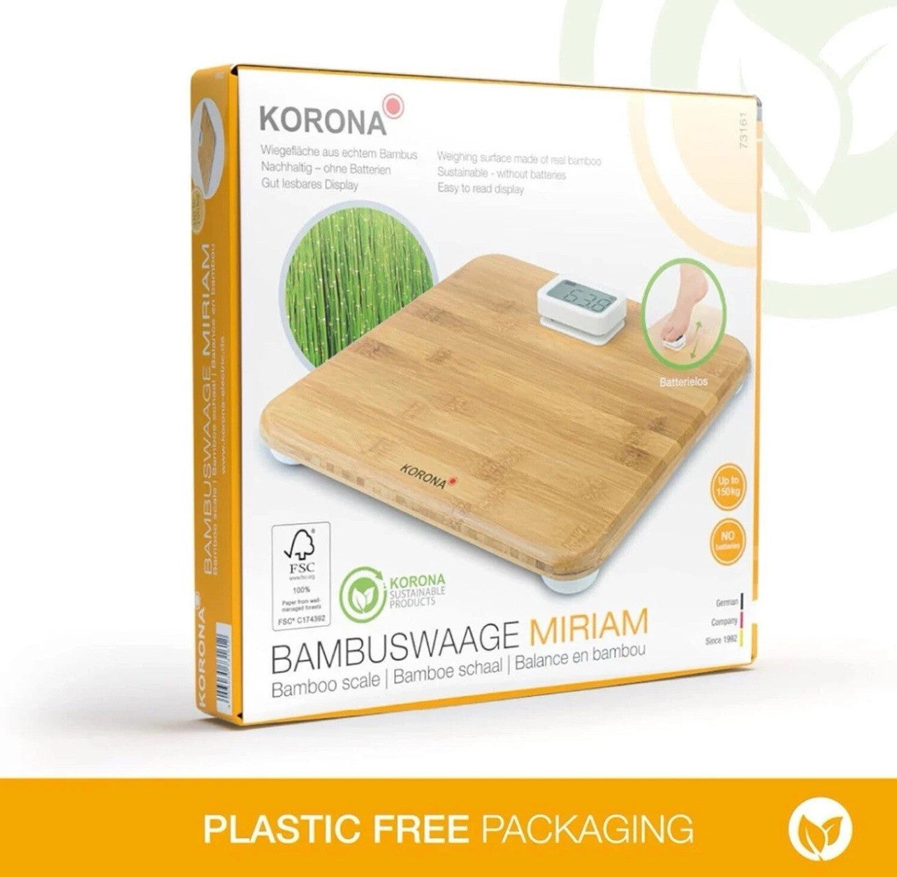 KORONA MIRIAM Körperwaage Personenwaage batterielos Bambus 150kg LCD-Display0