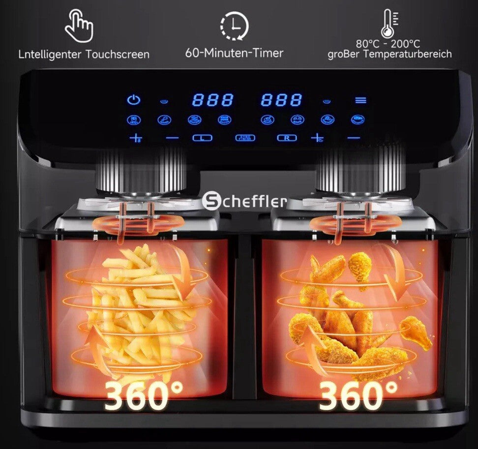Scheffler Heißluftfritteuse 2 kammern 9L Airfryer 8 Programme3