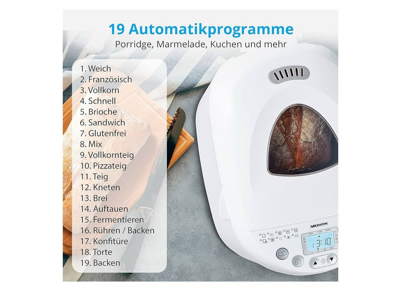 MEDION Brotbackautomat MD 18986 650W 1000g 15 Std Timer 12 Programme L201