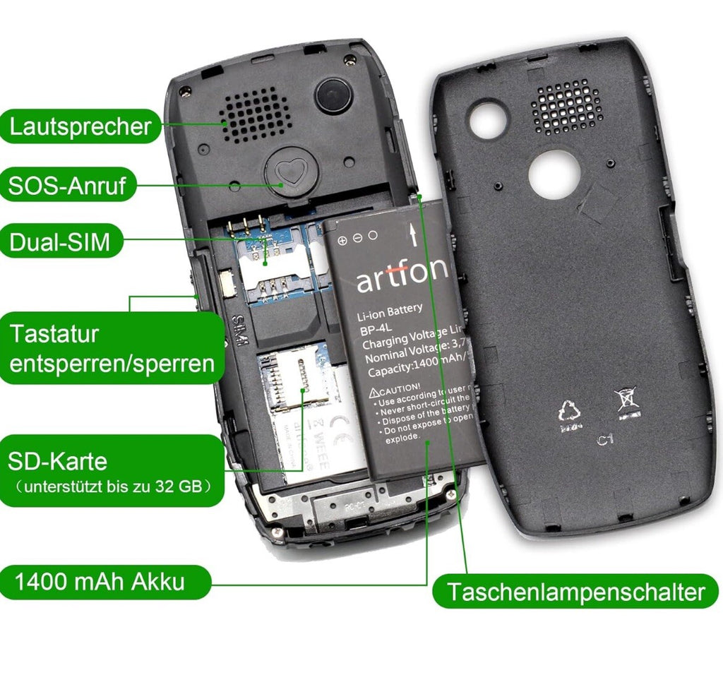 Artfone C1+ Mobile Seniorenhandy ohne Vertrag  große Tasten 1400mAh1