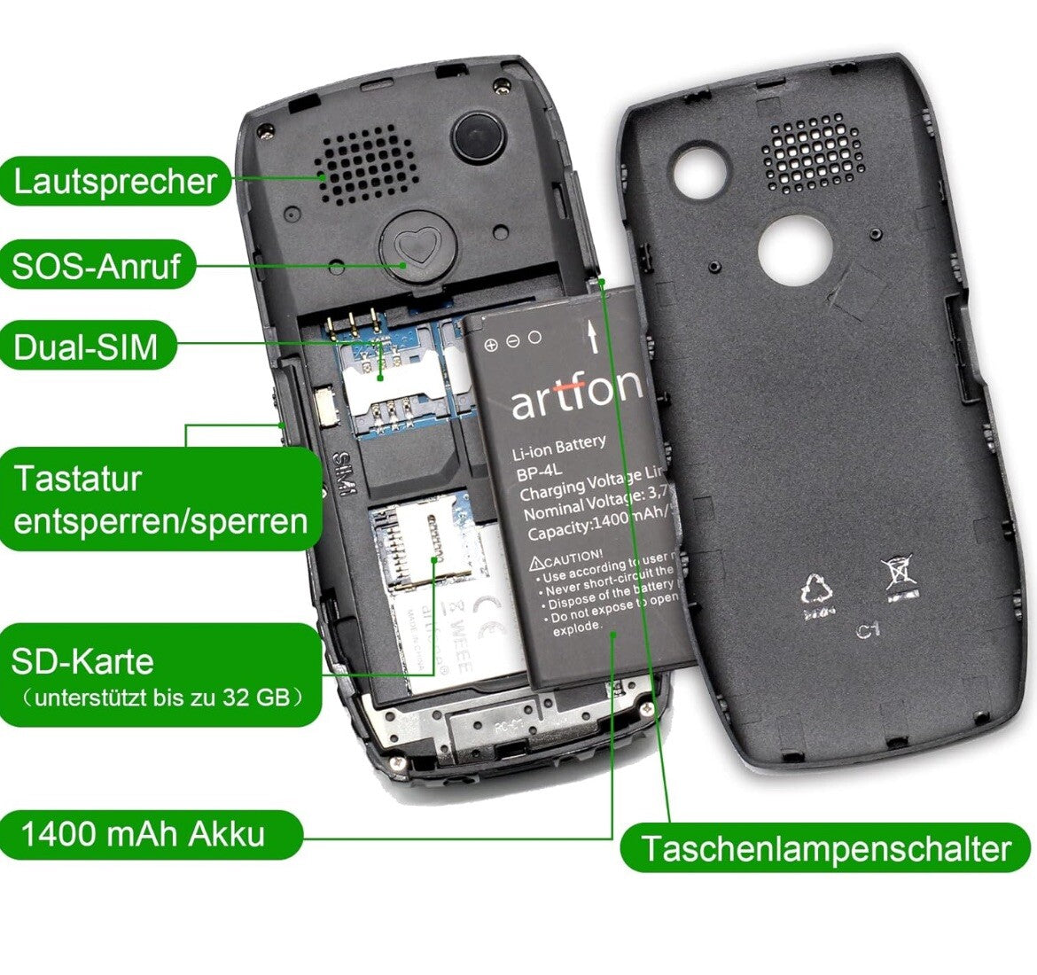 Artfone C1+ Mobile Seniorenhandy ohne Vertrag  große Tasten 1400mAh1