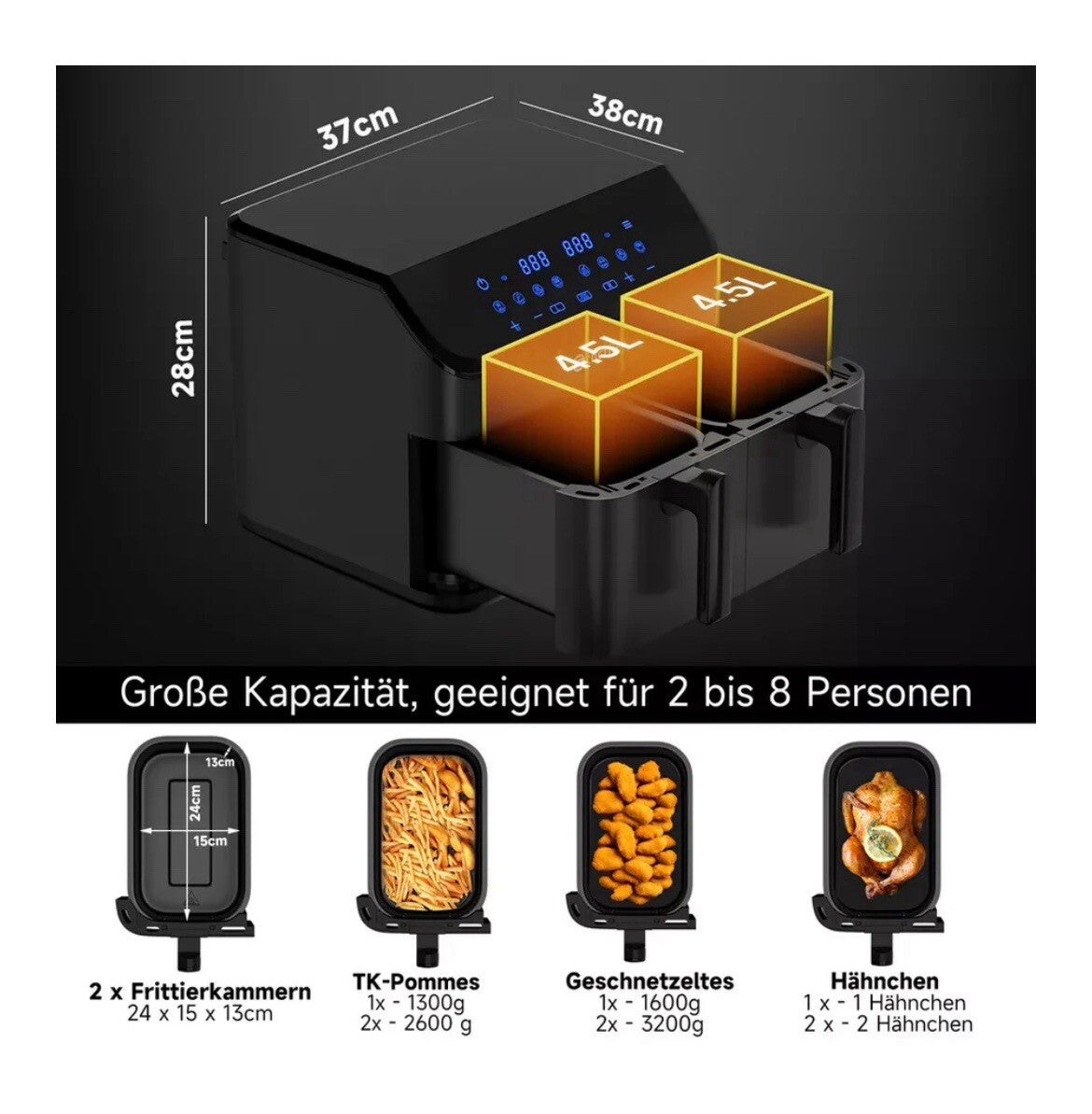 Scheffler Heißluftfritteuse 2 kammern 9L Airfryer 8 Programme5