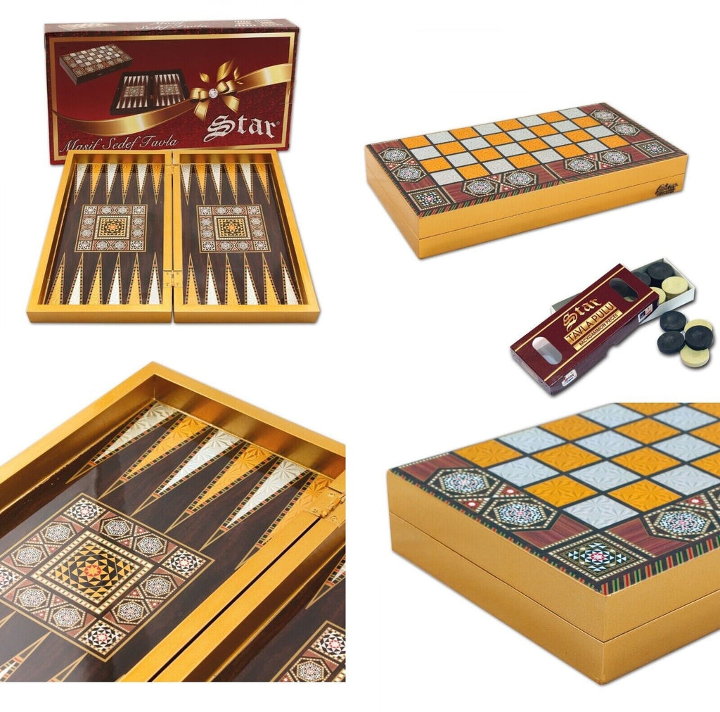Holz Backgammon TAVLA Spiel  Dame Stein Spielstein Würfel Masif Gold Sedef NEU0