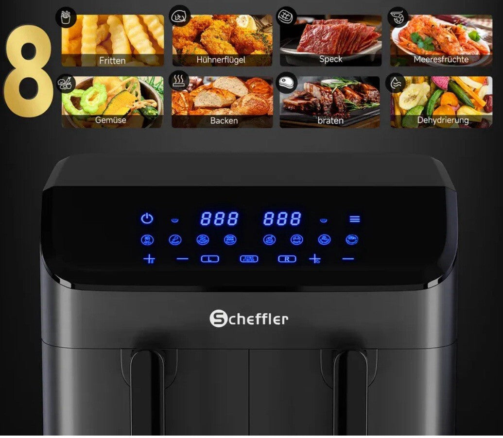 Scheffler Heißluftfritteuse 2 kammern 9L Airfryer 8 Programme2