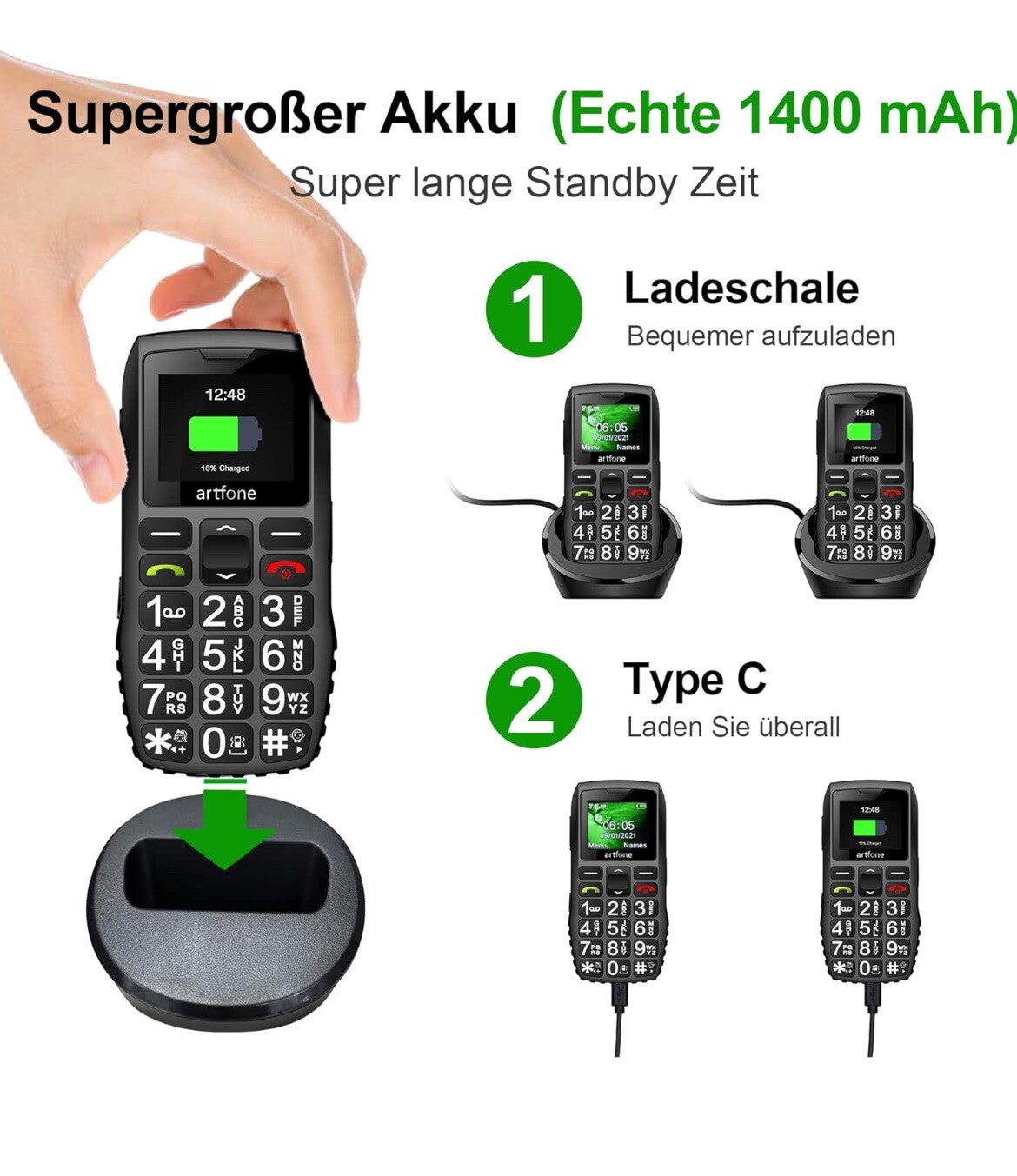 Artfone C1+ Mobile Seniorenhandy ohne Vertrag  große Tasten 1400mAh4